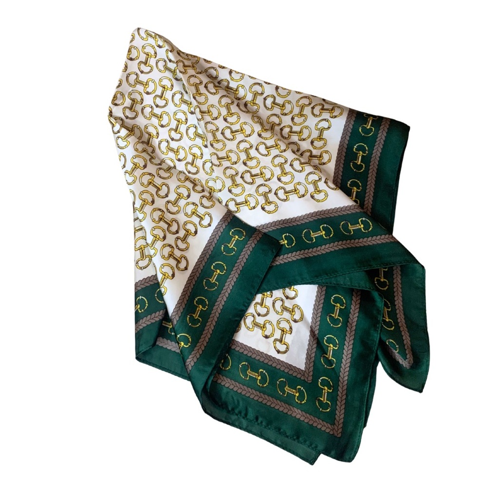 2/$30 Buckle Square Neck Headband Wrap Scarf Soft Silky Satin Green Gold Cream - Picture 5 of 6